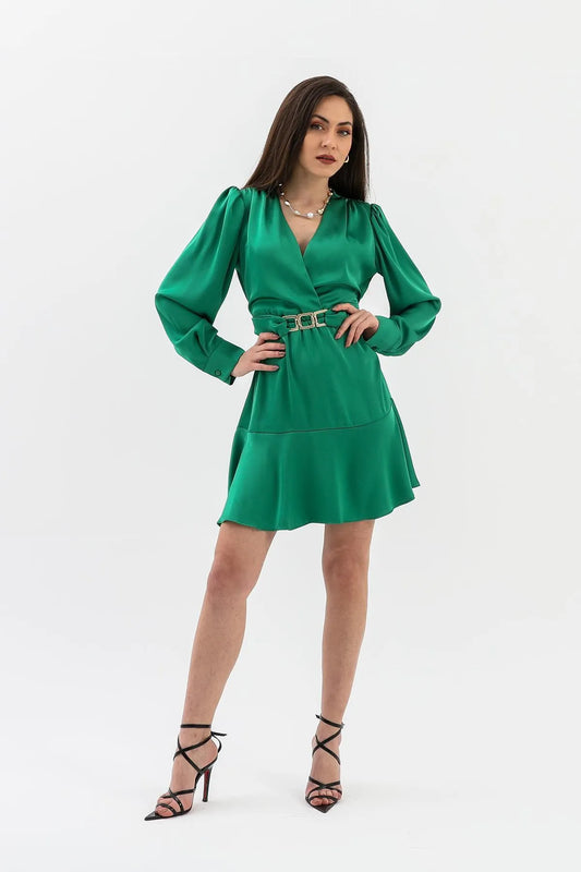 Kruvaze Yaka Metal Tokalı Saten Elbise - Yeşil - Pazaribu