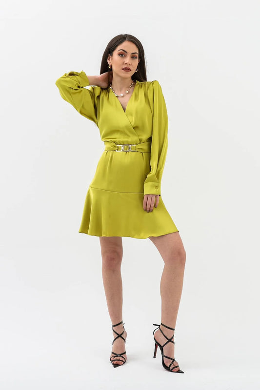 Kruvaze Yaka Metal Tokalı Saten Elbise - Yağ Yeşili - Pazaribu