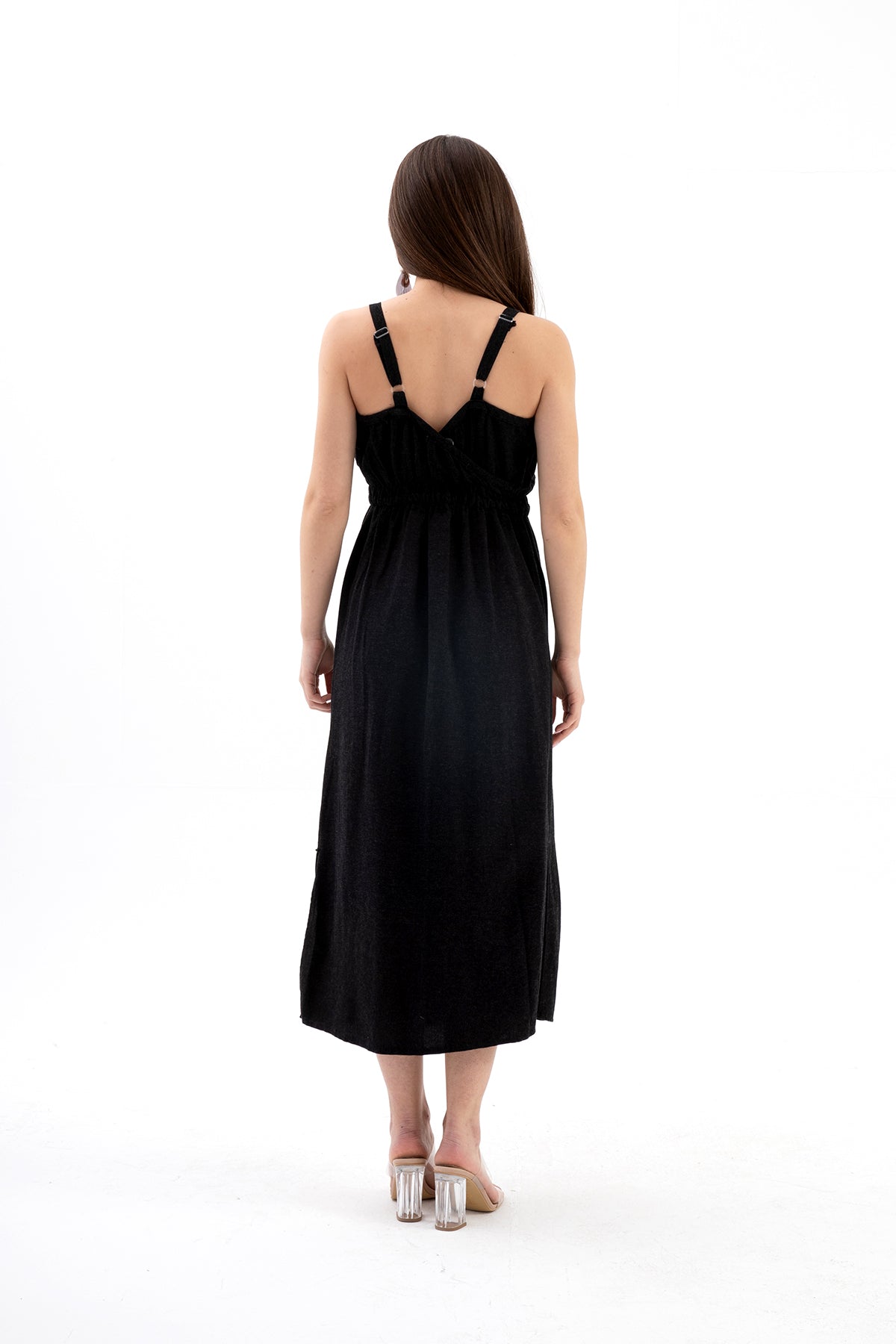 Askılı Önü Düğmeli Yırtmaçlı Keten Elbise - Siyah - Pazaribu