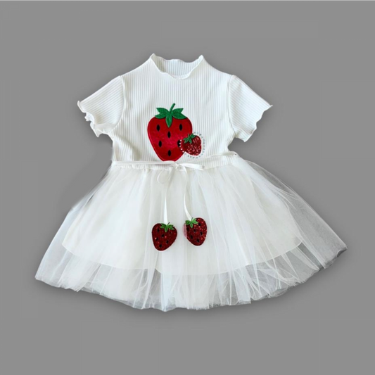 1-2-3 Yaş Payetli Çilek Baskılı Çilek Kuşaklı Kız Bebek Elbisesi - Pazaribu