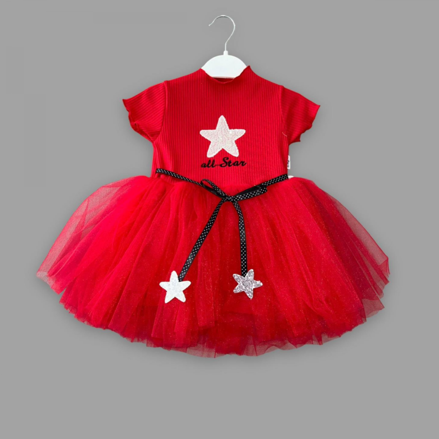 1-2-3 Yaş All Star Payetli Yıldız Nakışlı Astarlı Kız Bebek Elbisesi - Pazaribu