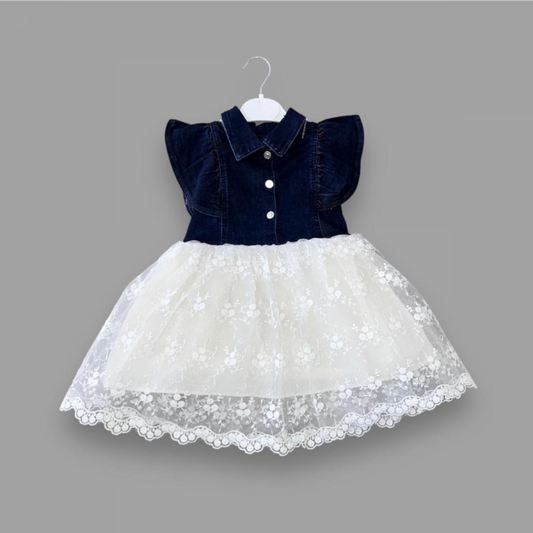 2-3-4 Yaş Astarlı Brode Etekli Kot Kumaş Düğmeli Kız Çocuk Elbisesi - Pazaribu