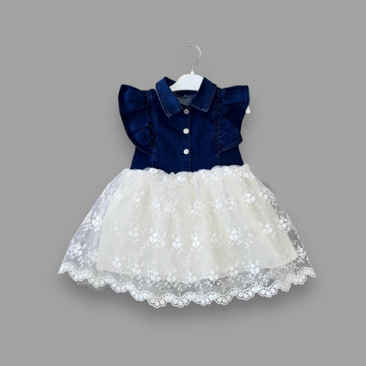2-3-4 Yaş Astarlı Brode Etekli Kot Kumaş Düğmeli Kız Çocuk Elbisesi - Pazaribu