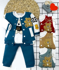 9-12-18-24 Ay Ayıcık Nakışlı Düğmeli Ceket Pantolon Uzun Kollu Sweatli 3lü Kız Erkek Bebek Takımı - Pazaribu