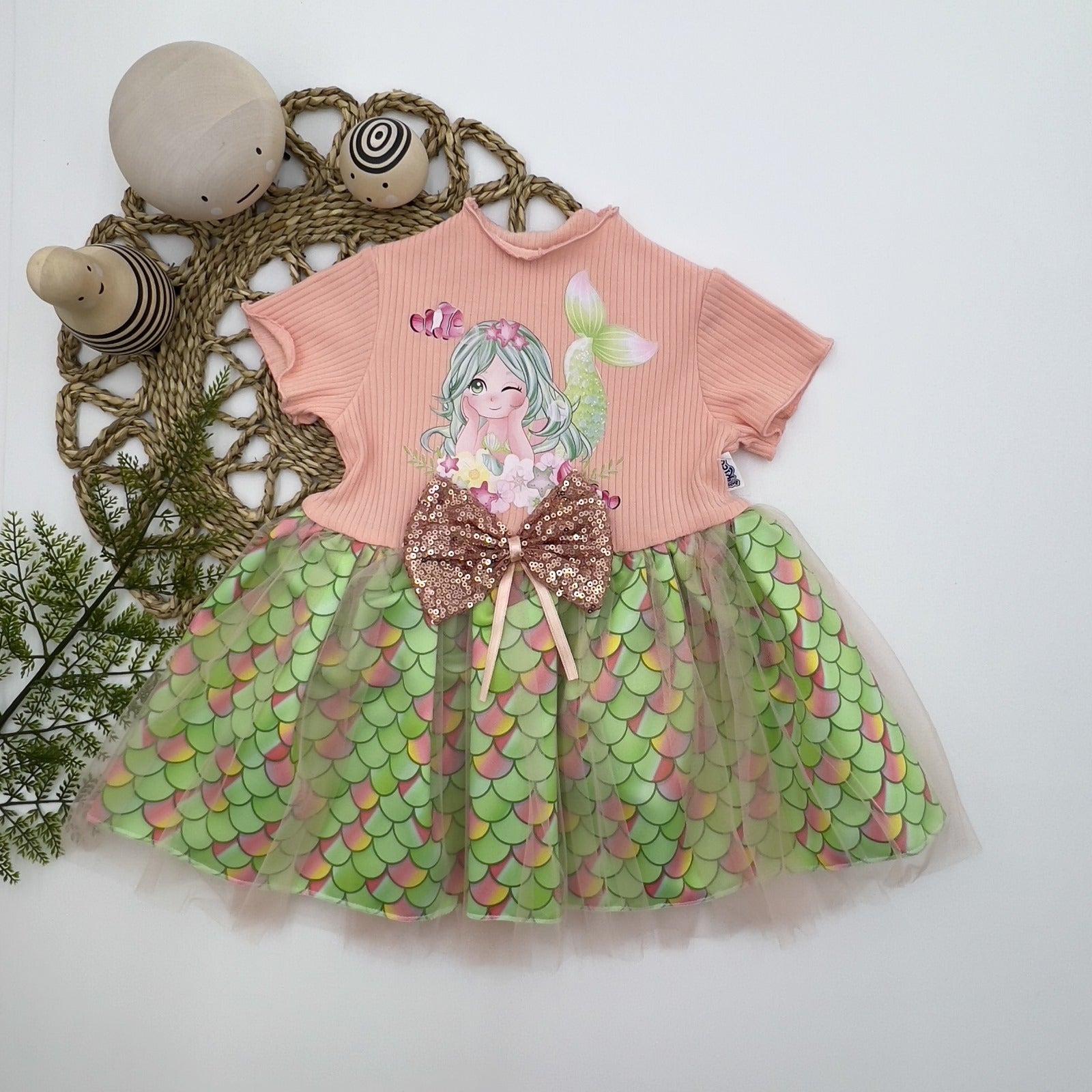 1-2-3 Yaş Denizkızı Baskılı Pul Desen Etekli Kız Bebek Elbisesi - Pazaribu