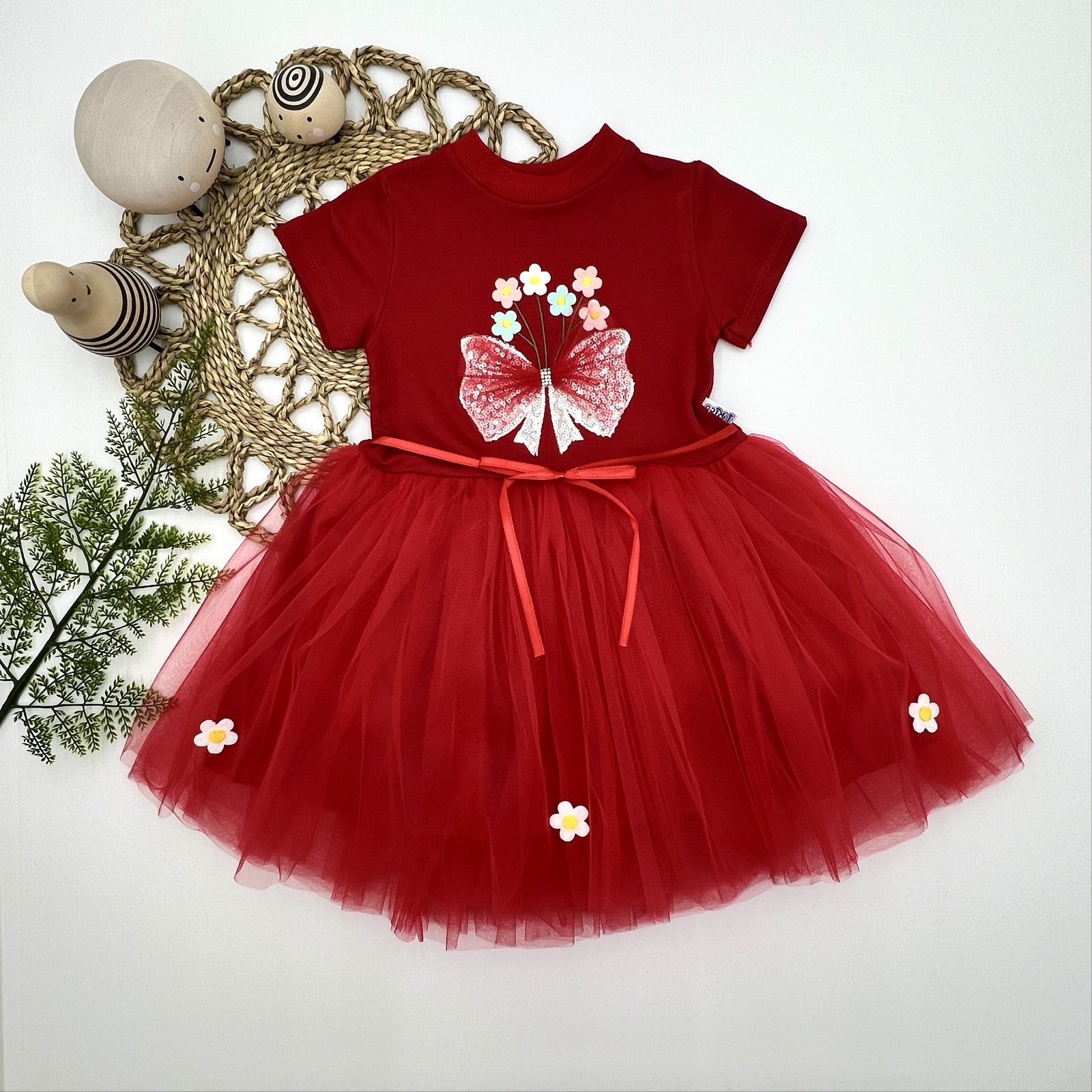 1-2-3 Yaş Tül Fiyonk Çiçekler Nakışlı Astarlı Kız Bebek Tütü Elbisesi - Pazaribu