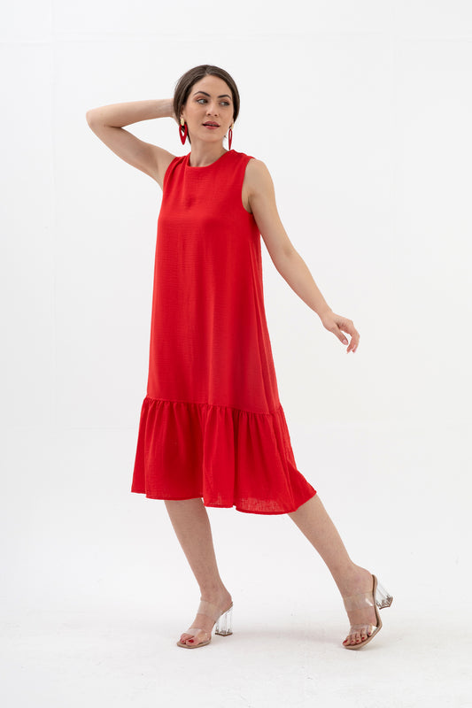Kristal Keten Kolsuz Kadın Salaş Elbise - Kırmızı