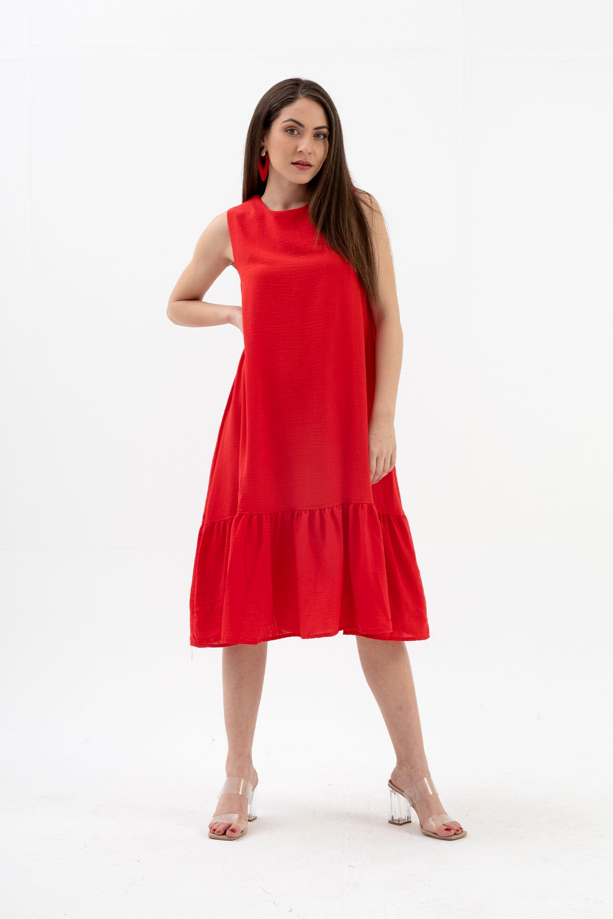 Kristal Keten Kolsuz Kadın Salaş Elbise - Kırmızı - Pazaribu