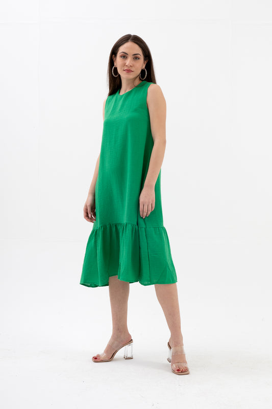 Kristal Keten Kolsuz Kadın Salaş Elbise - Yeşil