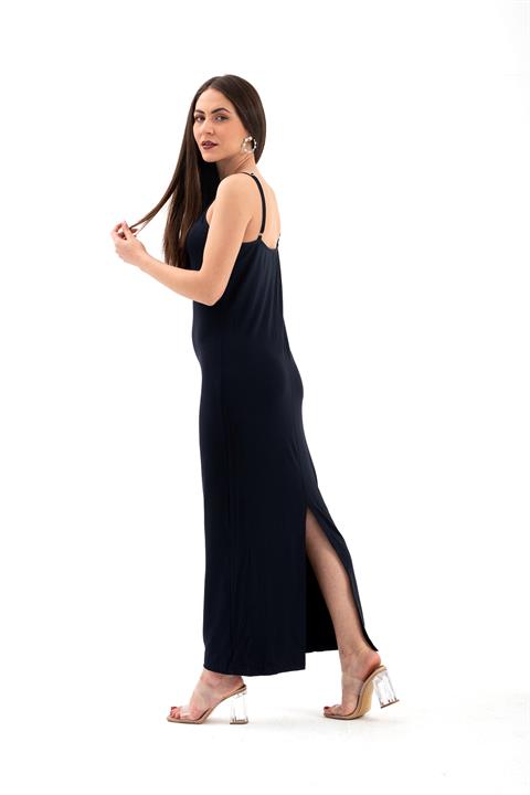 Ayarlanabilir Askılı Arkası Yırtmaçlı Elbise - Lacivert - Pazaribu