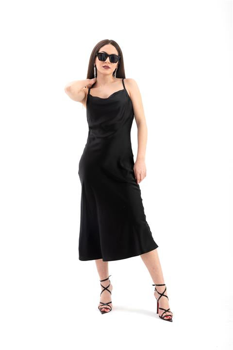 Ayarlanabilir Askılı Saten Elbise - Siyah - Pazaribu