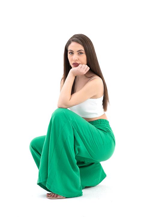 Geniş Kemerli Bol Paça Düz Keten Kadın Pantolon - Yeşil - Pazaribu