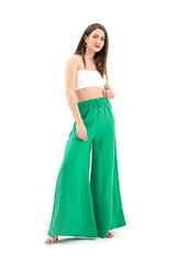 Geniş Kemerli Bol Paça Düz Keten Kadın Pantolon - Yeşil - Pazaribu