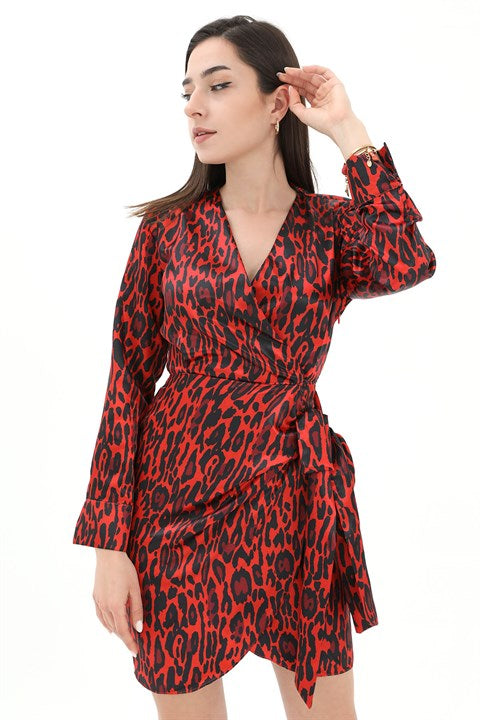 Leopar Desenli Bağlamalı Saten Elbise - Kırmızı - Pazaribu