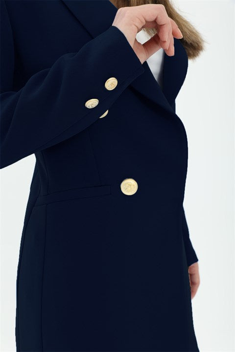 Omuzları Vatkalı Önü Çıtçıtlı Atlas Kumaş Kadın Blazer Ceket - Lacivert - Pazaribu
