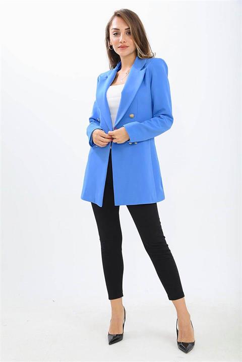 Omuzları Vatkalı Önü Çıtçıtlı Atlas Kumaş Kadın Blazer Ceket - Mavi