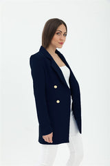 Omuzları Vatkalı Önü Çıtçıtlı Atlas Kumaş Kadın Blazer Ceket - Lacivert - Pazaribu