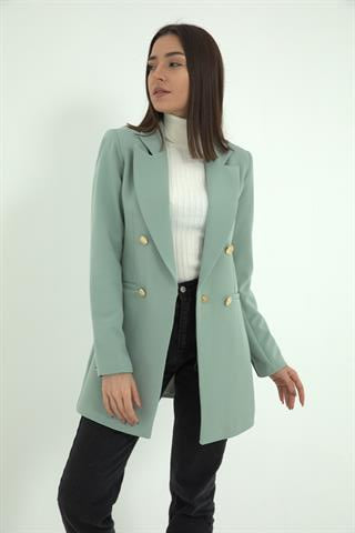Omuzları Vatkalı Önü Çıtçıtlı Atlas Kumaş Kadın Blazer Ceket - Mint Yeşili - Pazaribu