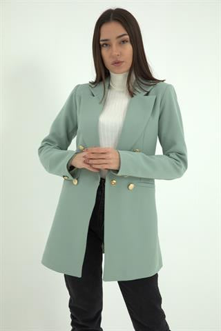 Omuzları Vatkalı Önü Çıtçıtlı Atlas Kumaş Kadın Blazer Ceket - Mint Yeşili