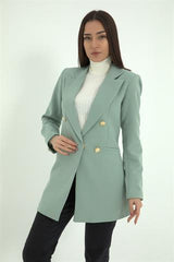 Omuzları Vatkalı Önü Çıtçıtlı Atlas Kumaş Kadın Blazer Ceket - Mint Yeşili - Pazaribu