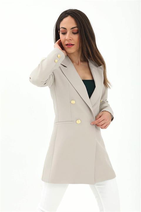 Omuzları Vatkalı Önü Çıtçıtlı Atlas Kumaş Kadın Blazer Ceket - Taş