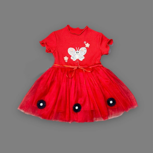 1-2-3 Yaş Payetli Kelebek Çiçek Nakışlı Kız Bebek Elbisesi - Pazaribu