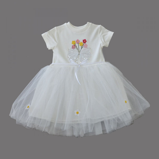 1-2-3 Yaş Tül Fiyonk Çiçekler Nakışlı Astarlı Kız Bebek Tütü Elbisesi - Pazaribu