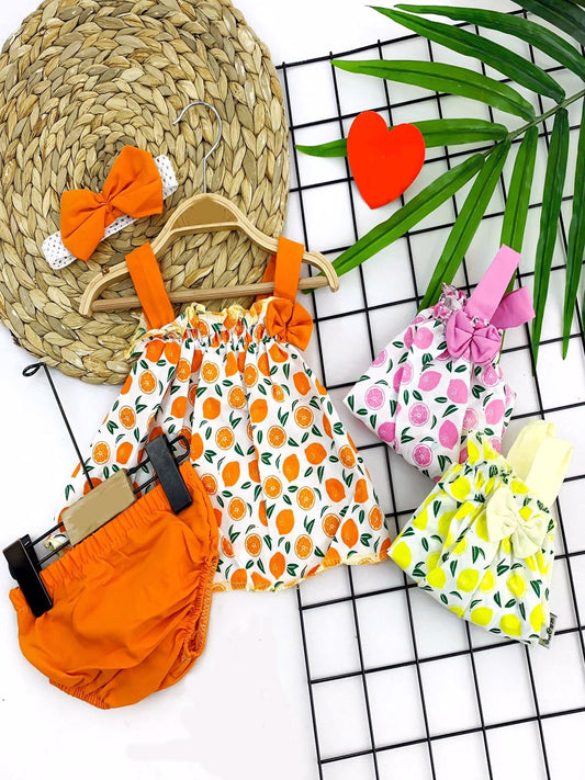3-6-9-12 Ay Bandajlı Ve Kilotlu Meyve Desenli Askılı 3lü Kız Bebek Elbisesi - Pazaribu