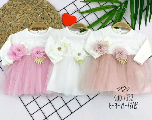 6-9-12-18 Ay Brode Çiçek Desenli Bandanalı Astarlı Kız Bebek Elbisesi - Pazaribu