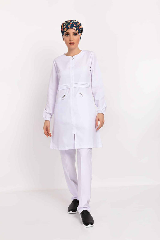 Badem Model Soft Likra Fermuarlı Beyaz Renk Cerrahi Üniforma Takım - Pazaribu