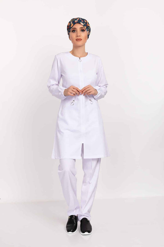 Badem Model Soft Likra Fermuarlı Beyaz Renk Cerrahi Üniforma Takım