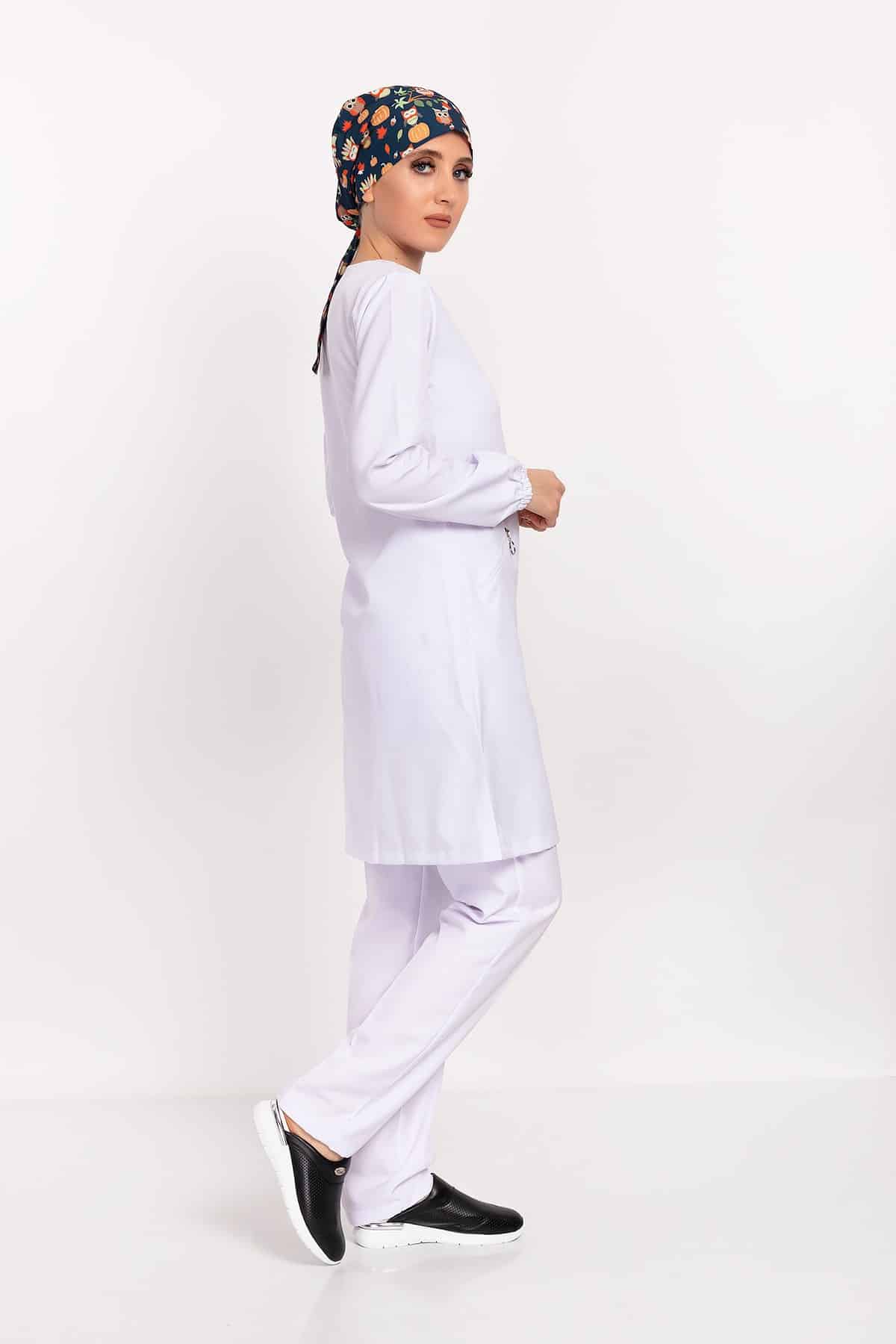 Badem Model Soft Likra Fermuarlı Beyaz Renk Cerrahi Üniforma Takım - Pazaribu