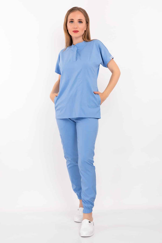 Bebe Mavi  Renk Çağla Model Soft Likra Çıt Çıtlı Hakim Yaka Doktor Hemşire Hastane Cerrahi Takım