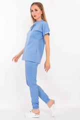 Bebe Mavi  Renk Çağla Model Soft Likra Çıt Çıtlı Hakim Yaka Doktor Hemşire Hastane Cerrahi Takım - Pazaribu