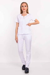 Beyaz Renk Lily Model Fermuarlı Soft Likra Doktor, Hemşire Cerrahi Üniforma Takım - Pazaribu