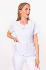 Beyaz Renk Lily Model Fermuarlı Soft Likra Doktor, Hemşire Cerrahi Üniforma Takım