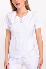 Beyaz Renk Lily Model Fermuarlı Soft Likra Doktor, Hemşire Cerrahi Üniforma Takım