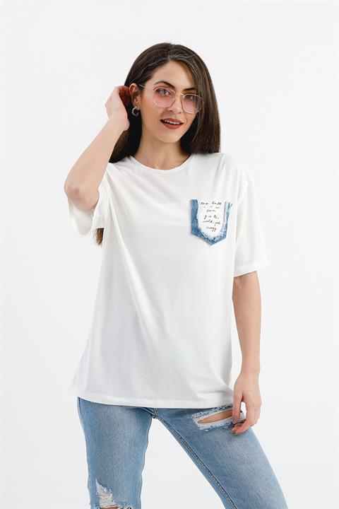 Bisiklet Yaka Kot Cep Detaylı T- shirt - Ekru