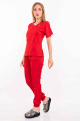 Kırmızı Soft Likralı Jogger Alt Üst Takım Doktor Hemşire Hastane Scrubs Üniforma