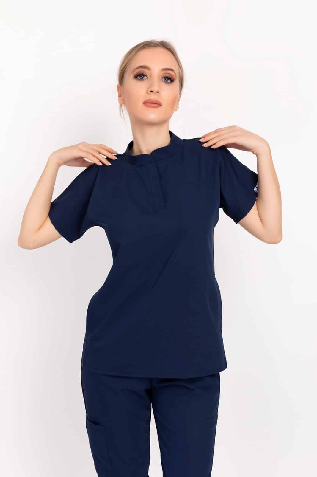 Lacivert Renk Çağla Model Elit Likra Hakim Yaka Çıt Çıtlı Doktor Hemşire Üniforma Takım - Pazaribu