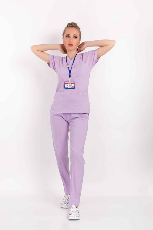 Lila Likralı Doktor Hemşire Hastane Cerrahi Scrubs Nöbet Takımı - Pazaribu