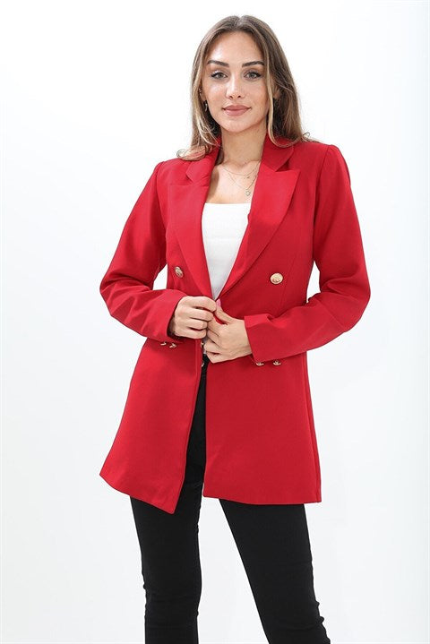 Omuzları Vatkalı Önü Çıtçıtlı Atlas Kumaş Kadın Blazer Ceket - Kırmızı - Pazaribu