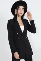 Omuzları Vatkalı Önü Çıtçıtlı Atlas Kumaş Kadın Blazer Ceket - Siyah - Pazaribu