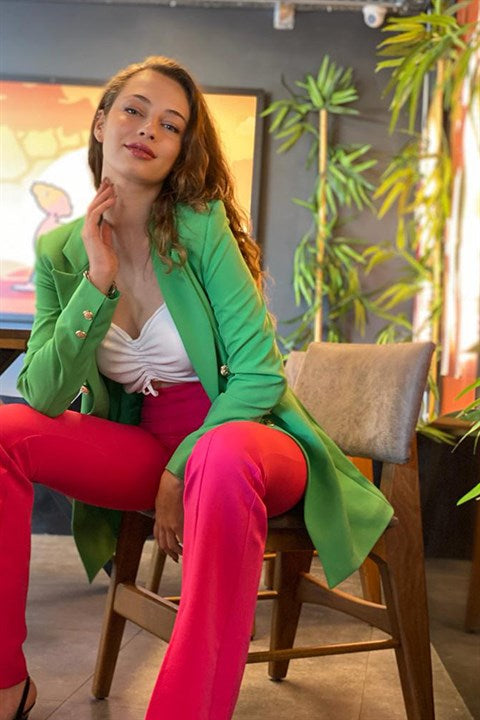 Omuzları Vatkalı Önü Çıtçıtlı Atlas Kumaş Kadın Blazer Ceket - Yeşil - Pazaribu
