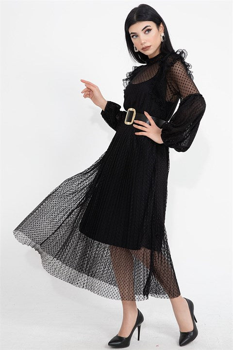 Ponponlu Tül Kumaş Kadın Piliseli Elbise - Siyah - Pazaribu