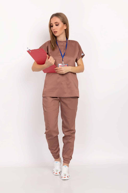Sütlü Kahve Renk Çağla Model Elit Likra Hakim Yaka Çıt Çıtlı Doktor Hemşire Üniforma Takım - Pazaribu