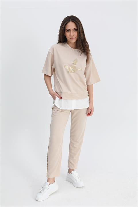 Takım Eteği Çimalı Kuş Baskılı Beli Lastikli T-shirt Pantolon - Bej - Pazaribu