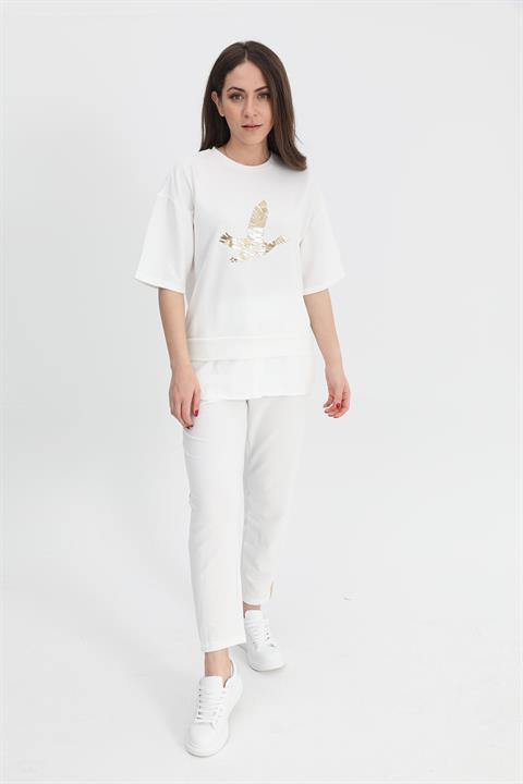 Takım Eteği Çimalı Kuş Baskılı Beli Lastikli T-shirt Pantolon - Ekru - Pazaribu