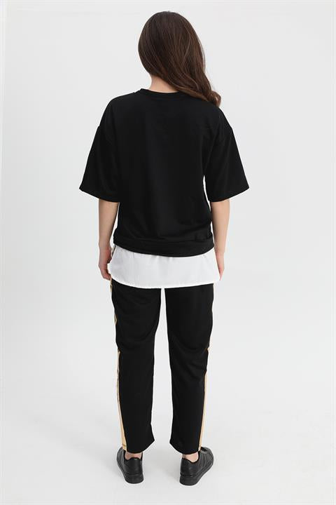 Takım Eteği Çimalı Kuş Baskılı Beli Lastikli T-shirt Pantolon - Siyah - Pazaribu