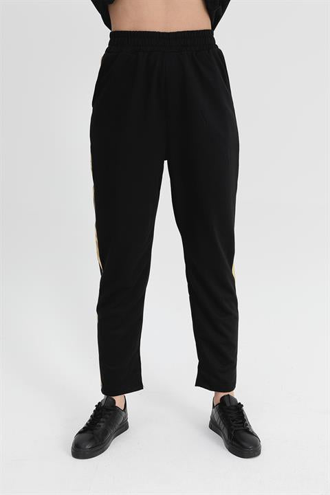 Takım Eteği Çimalı Kuş Baskılı Beli Lastikli T-shirt Pantolon - Siyah - Pazaribu